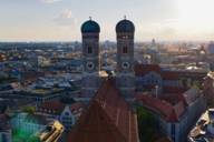 The towers of the Frauenkirche in Munich photographed by drone.