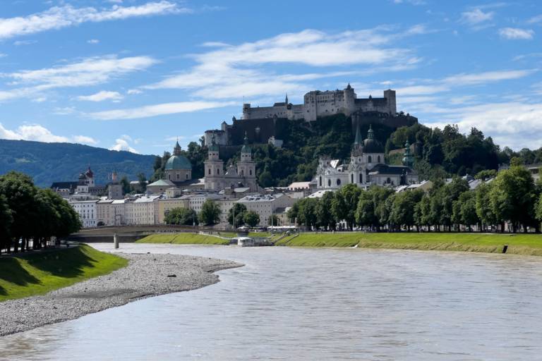View of the Salzach river and the castle in Salzburg.