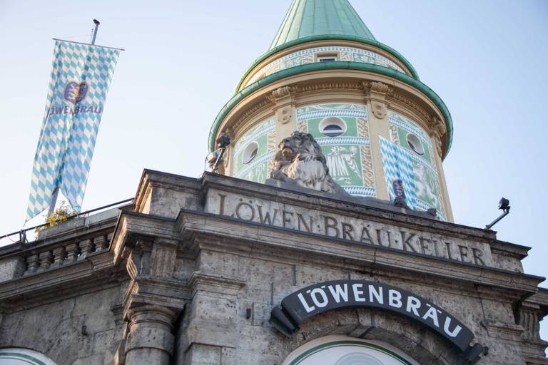 Tower and entrance of the Löwenbräukeller restaurant in Munich