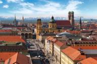 View of Munich's old town and the Alps in the background.