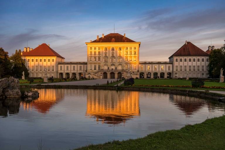 Nymphenburg Palace in Munich at sunset.