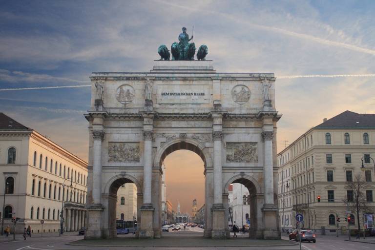 The Siegestor at Ludwigstrasse in Munich at sunset.
