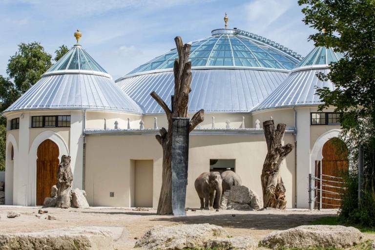 Exterior view of the elephant house with two elephants at Munich Zoo Hellabrunn.